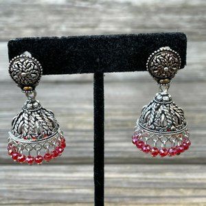 Jhumka Earrings Silver Tone Red Beads Fashion Ear Jewelry Traditional Earrings